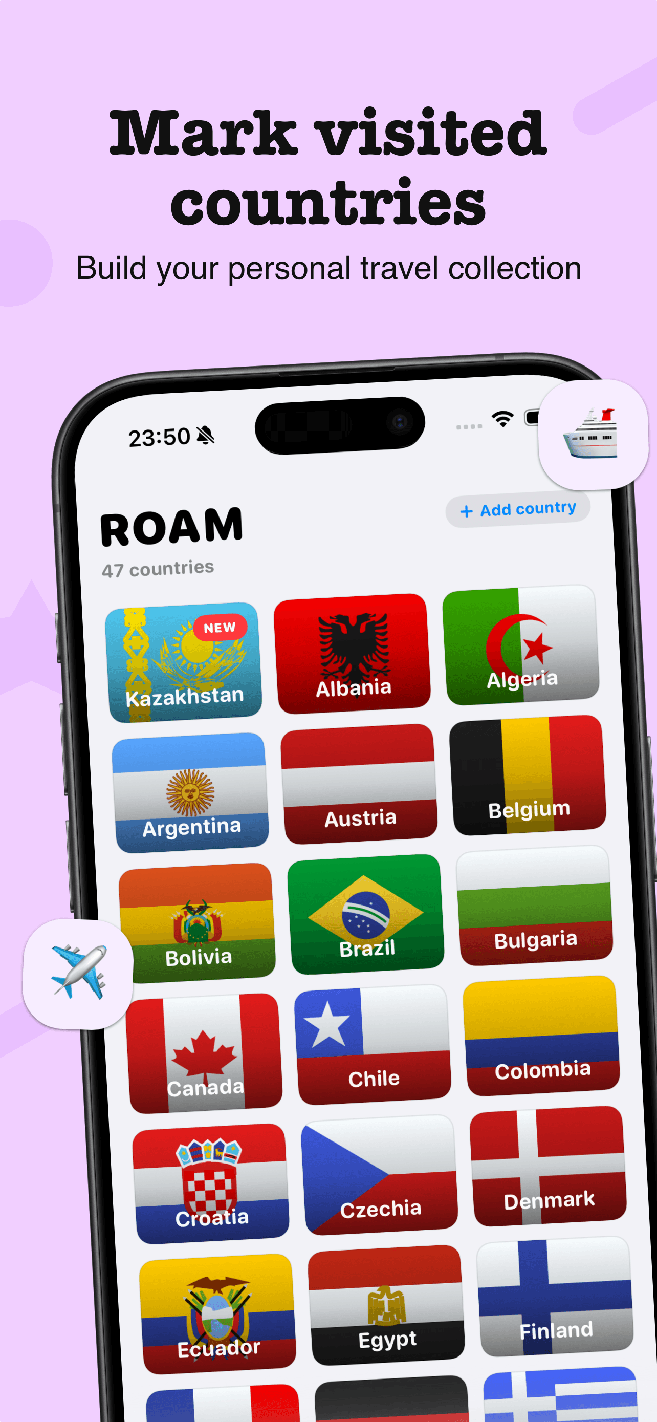 Roam countries list screen